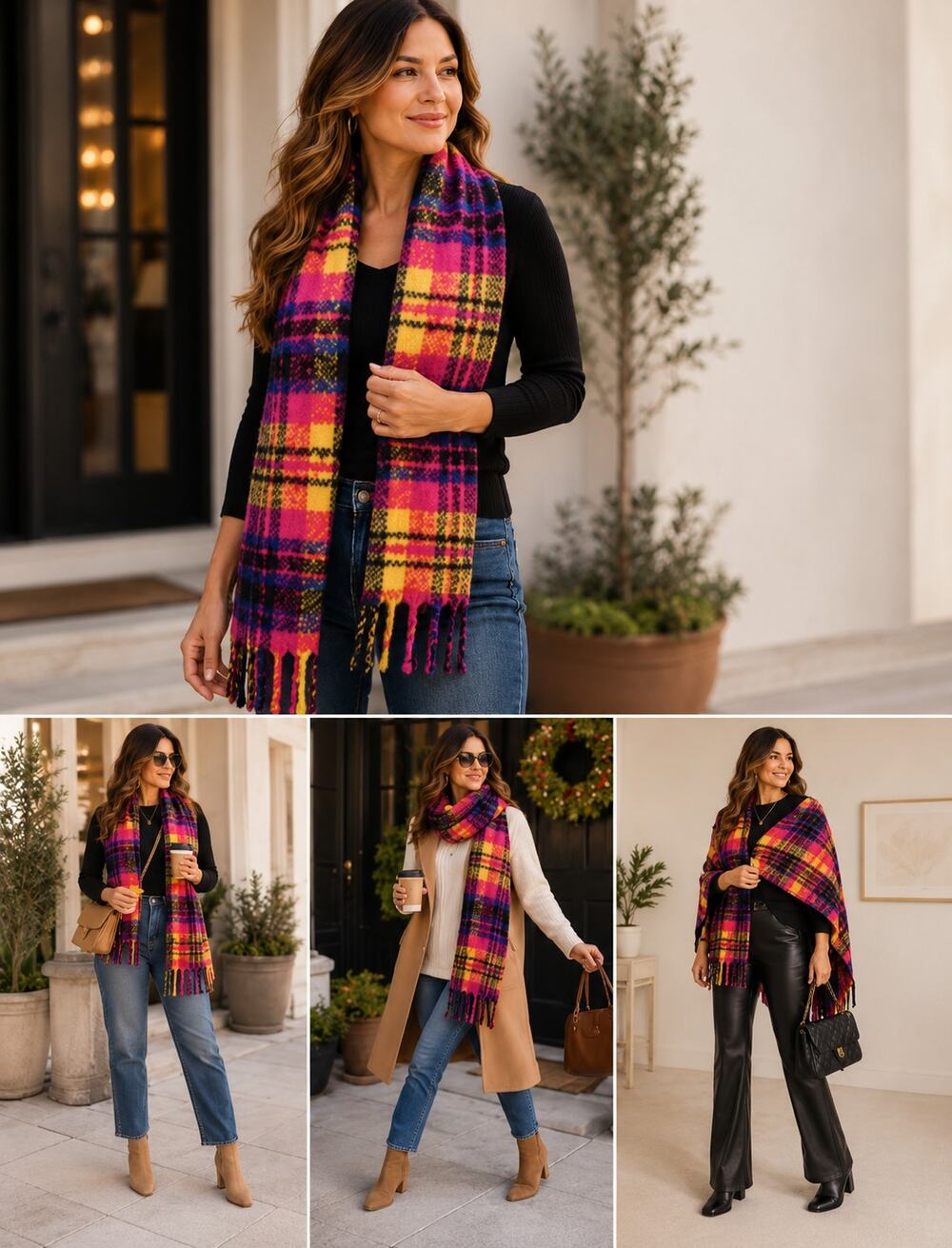 Victoria's Secret Plaid Scarf Pink Yellow Black Fringe Wrap Shawl Cozy Winter